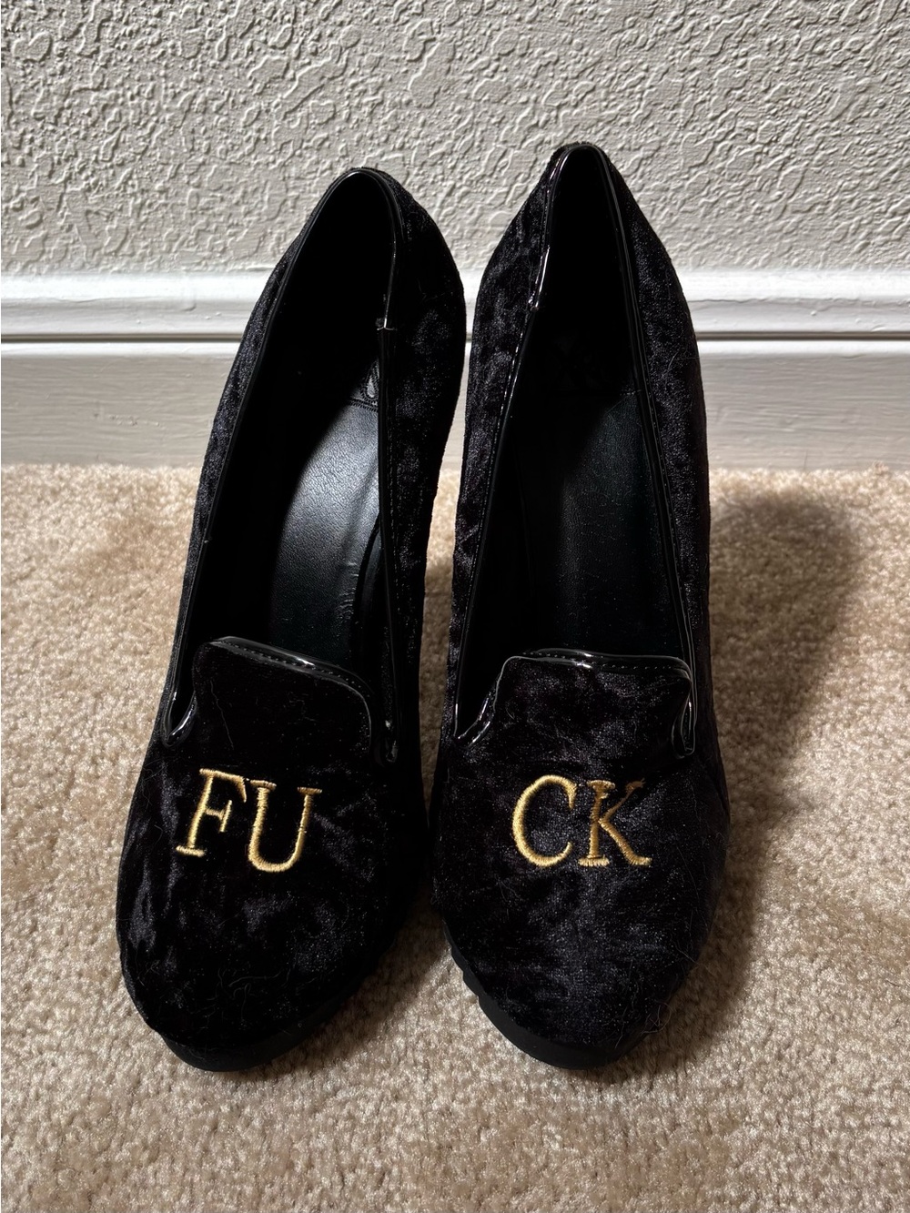 YRU Black Velvet Heels with Gold Embroidery